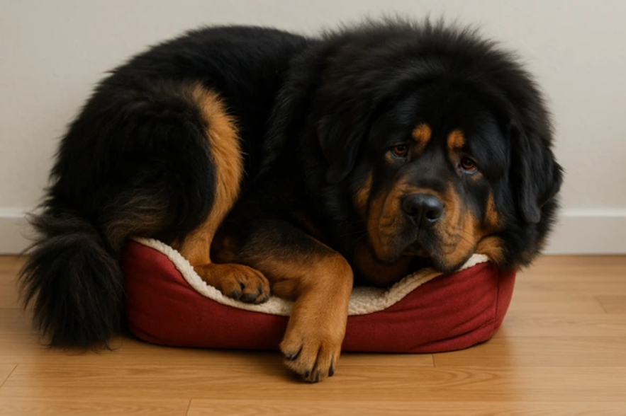 Veľký tibetský mastif sa snaží dostať do malého pelechu.